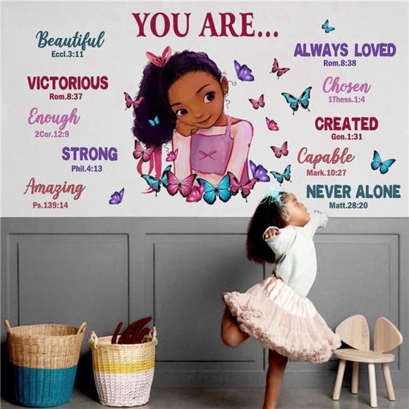 Lovely Little Black Girl Wall Decal – Butterfly & Positive Saying Nursery Decor For Afro Kids Room